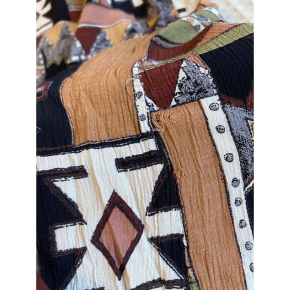 Hand Made Boho One Of A Kind Tribal Print Knee Length Brown Short Sleeve Dress L - Picture 6 of 14